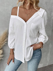 Fall Solid Color White Asymmetric Collar Dropped Shoulder Loose Casual Blouse Spring And Summer New Fashion Street Style Casual Asymmetrical Shoulder Shirt