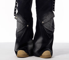 Women's Black And Gray Distressed Wide-leg Pants