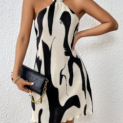 Women's Elegant Vacation Casual Backto School Pleated Halter Mini Dress