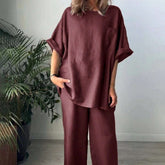 2pcs Women Solid Color Crew Neck Short Sleeve Top And Long Pants Casual Outfit