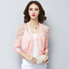 V-neck Short Outer Wear Cardigan Hollow-out Knitted Coat