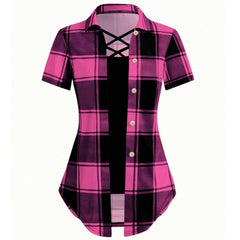 Unity AB Splicing Collar Turn-D2 In 1 Plaid Short-Sleeved T-Shirt