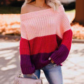 Boat Collar Off-the-shoulder Contrast Color Loose All-matching