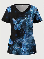 Plus Size Women's Vibrant Print Scrub Top Casual V-Neck Short Sleeve