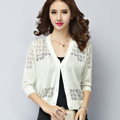 V-neck Short Outer Wear Cardigan Hollow-out Knitted Coat