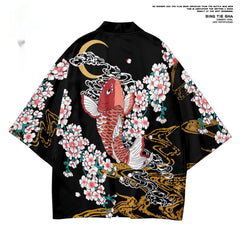 Koi Digital Printing Japanese Harajuku Kimono Robe Cloak Cropped Pants Set