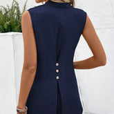 Solid Notched V-Neck Sleeveless Button Back Shirt