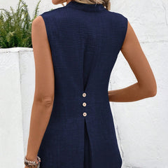 Solid Notched V-Neck Sleeveless Button Back Shirt