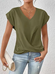 Solid Color V-neck T-shirt Elegant Short Sleeved Top For Spring And Summer Women's Clothing