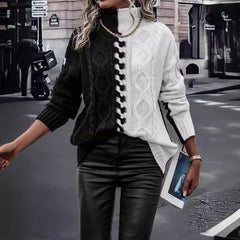 Fashion Color Contrast Black And White Splicing Knitwear Top