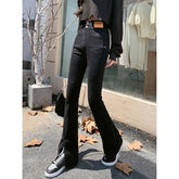 Slightly Flared Jeans, Two Buttons, Slim Design, Women's Split Black New High Waist Flared Floor-length Pants