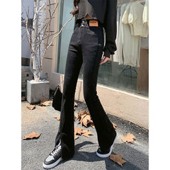 Slightly Flared Jeans, Two Buttons, Slim Design, Women's Split Black New High Waist Flared Floor-length Pants