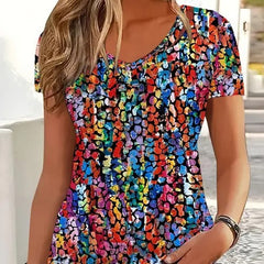 Digital Printed Pattern Women's Short Sleeved Round Neck