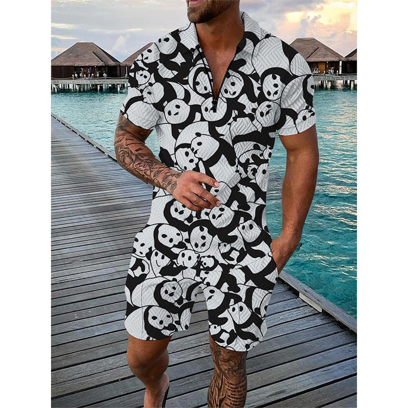 Men's Sportswear Duck Panda 3D Printing Short Sleeve Zipper Two-piece Set