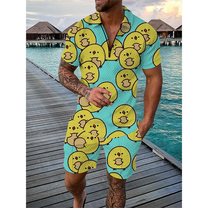 Men's Sportswear Duck Panda 3D Printing Short Sleeve Zipper Two-piece Set