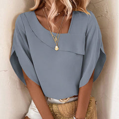 Solid Asymmetrical Neck Petal Sleeve Blouse