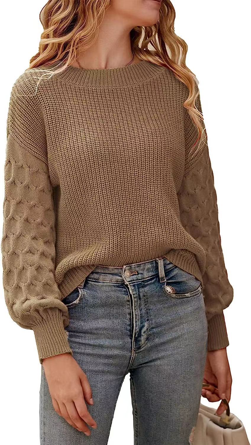 Women's Fashion Lantern Sleeve Knitted Solid Color Top