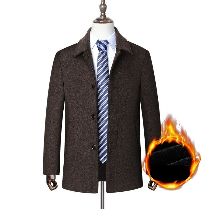 Middle-aged men's coat long men's large fur collar plus velvet quilted thick wool windbreaker