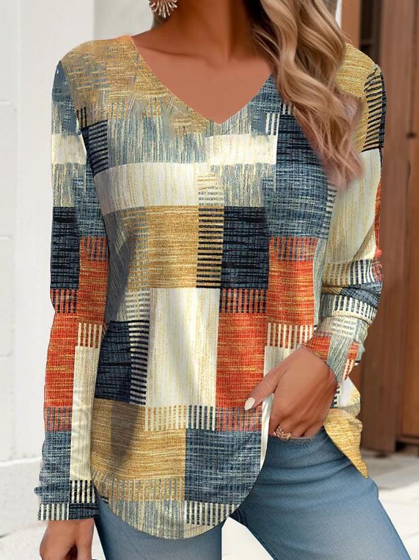 Long Sleeve 3D Digital Printing Geometric Pattern Casual V-neck Loose Holiday T-shirt For Women