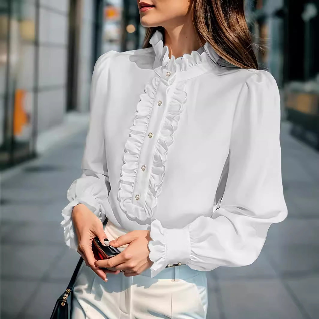 European And American Women's Clothing Shirt Ruffled All-match