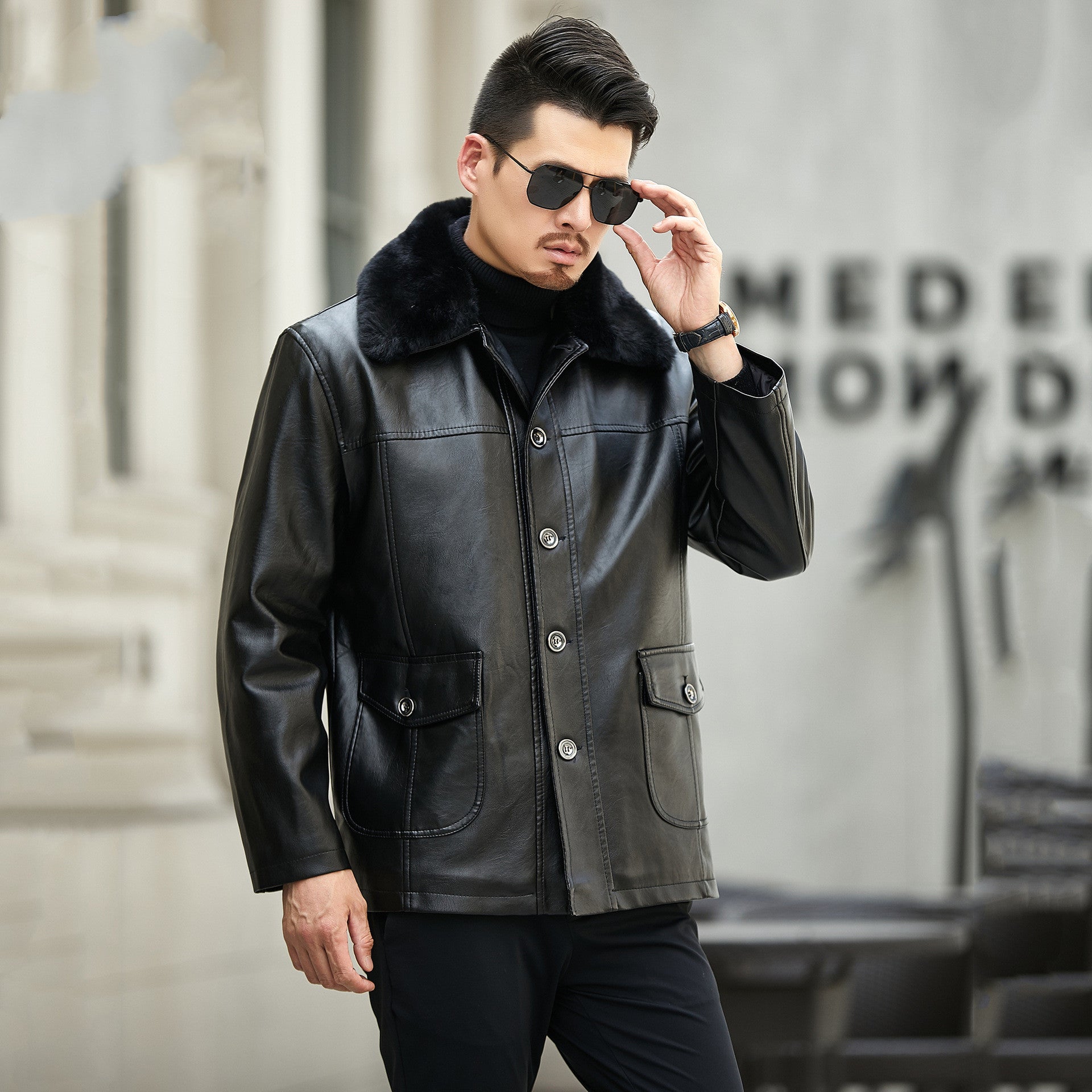 Middle-Aged And Elderly Men's PU Leather Buttoned Large Fur Colla