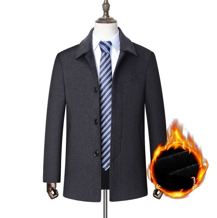 Middle-aged men's coat long men's large fur collar plus velvet quilted thick wool windbreaker