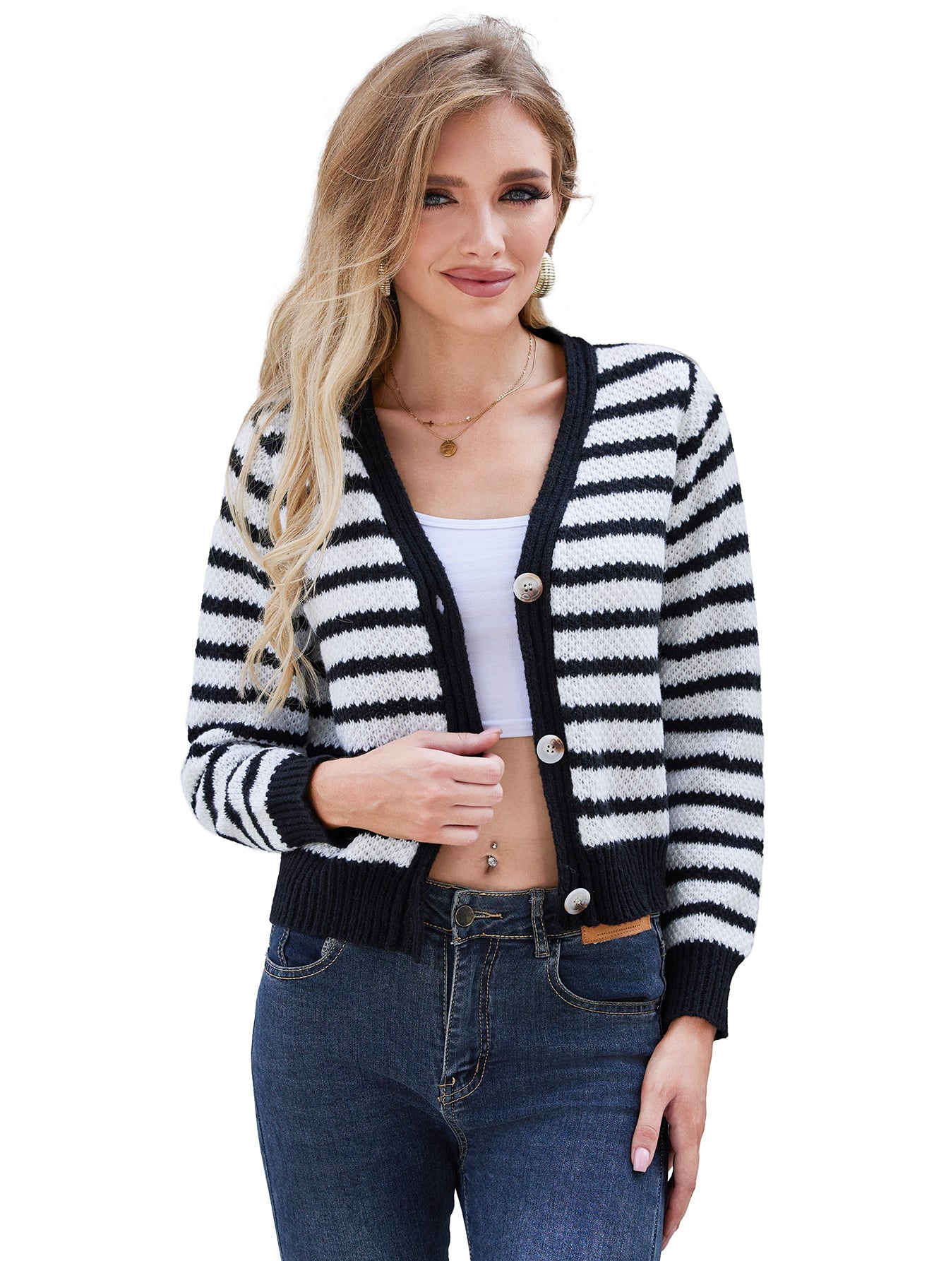 Women's Long Sleeved Striped Cardigan Sweater Top