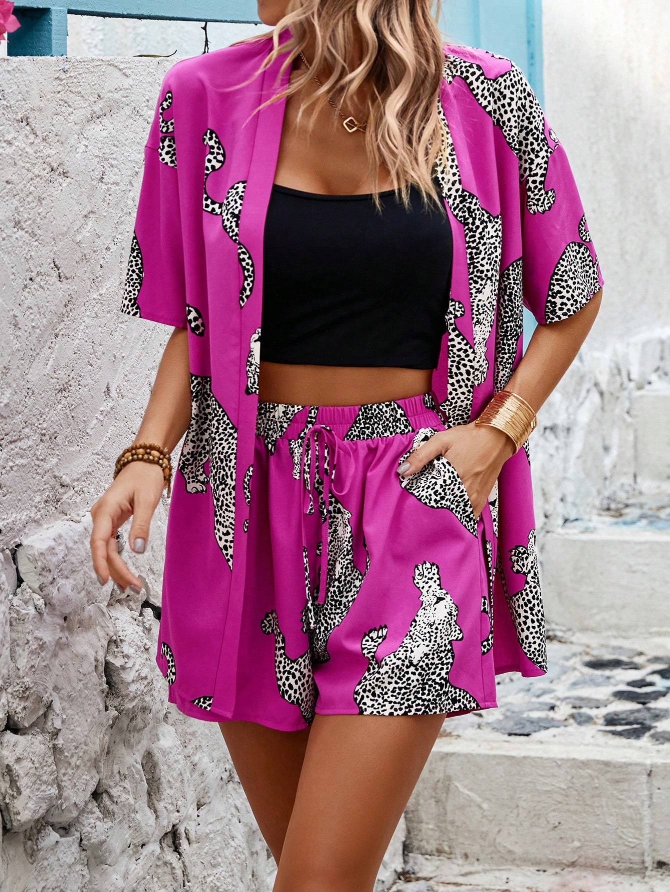 Random Print Drop Shoulder Shirt And Shorts Set With Slanted Pockets