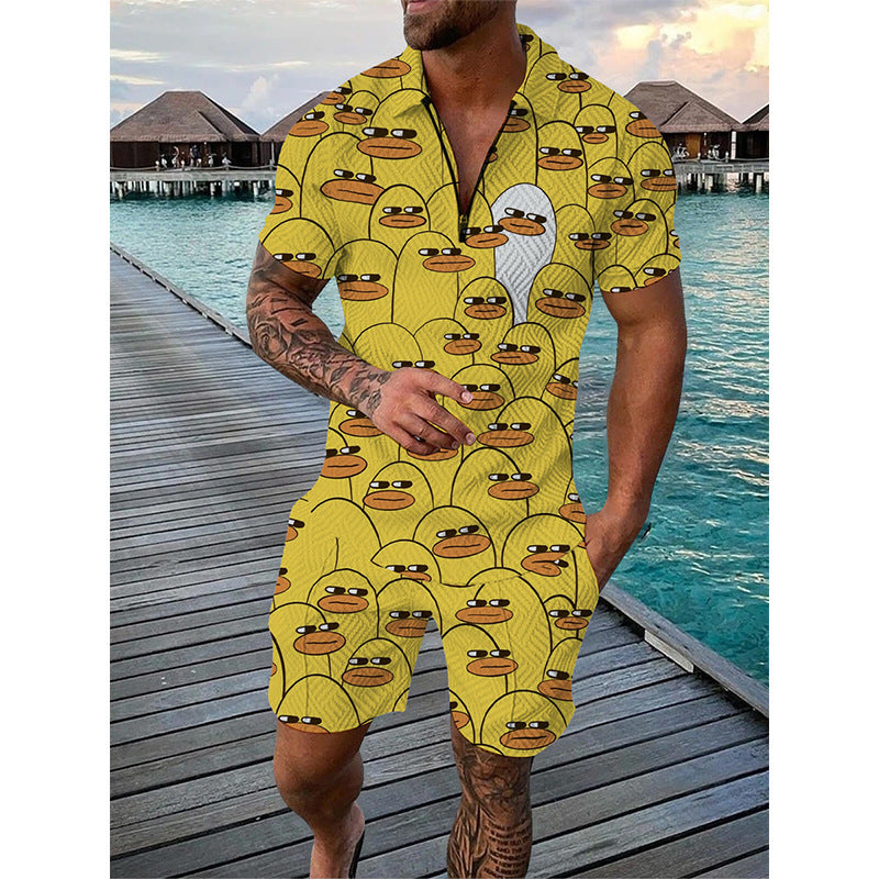 Men's Sportswear Duck Panda 3D Printing Short Sleeve Zipper Two-piece Set