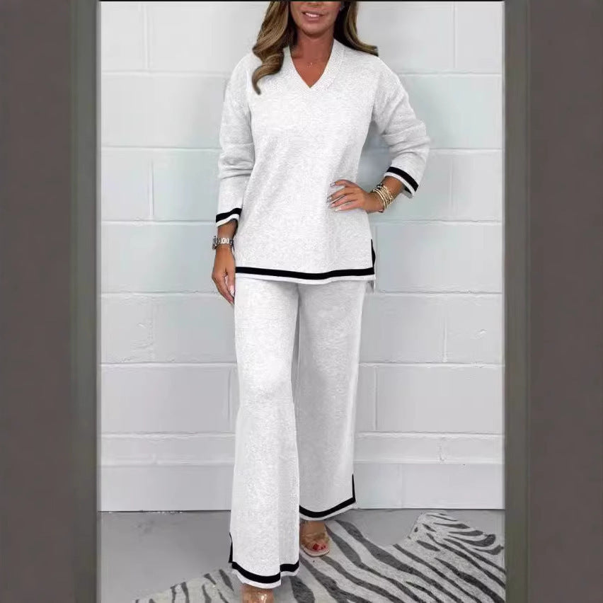 Autumn And Winter Temperament Leisure Solid Color Knitted Long Sleeve Trousers Suit