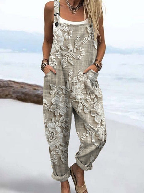 Women's Printed Pocket Wide Leg One-piece Trousers