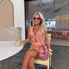 Women's Solid Color Sparkling Bead Cardigan Vest Skirt Set