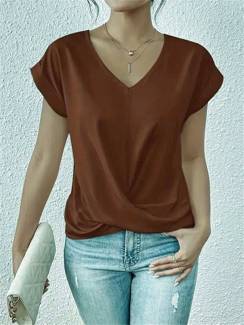 Solid Color V-neck T-shirt Elegant Short Sleeved Top For Spring And Summer Women's Clothing