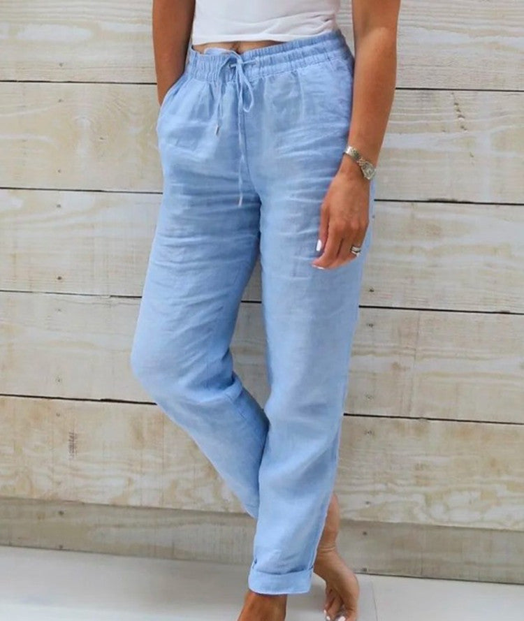 Summer Elastic Waist Solid Color Cotton Linen Wide Leg Pants Loose Pants Women's Clothing