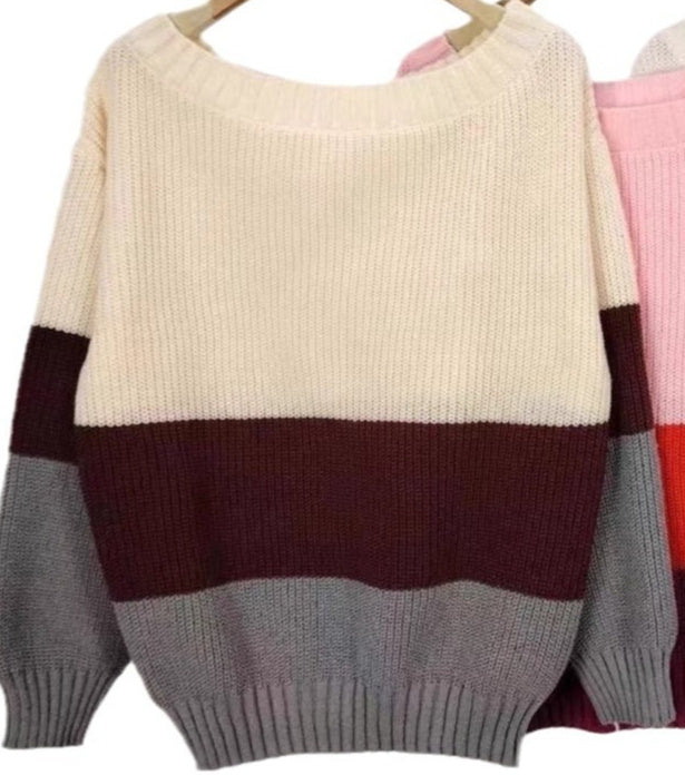 Boat Collar Off-the-shoulder Contrast Color Loose All-matching