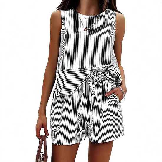 Vertical Striped Waist Round Neck Sleeveless Suit