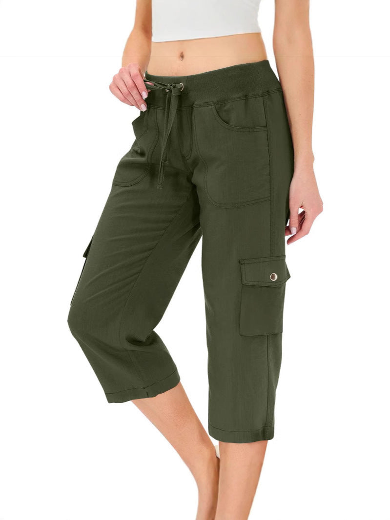 Women's Solid Color Drawstring Fitness Running Cropped Pants