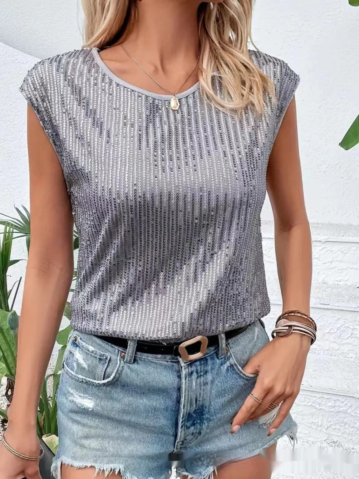 Party Round Neck Sleeveless Top Women's Sequined T-shirt
