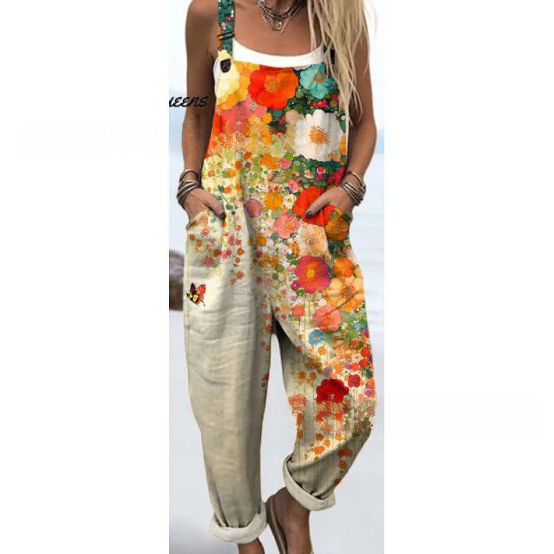 Women's Printed Pocket Wide Leg One-piece Trousers