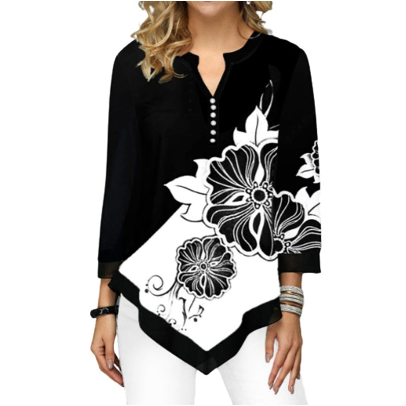 Long Sleeve V-Neck Loose Shirt Women's T-Shirt
