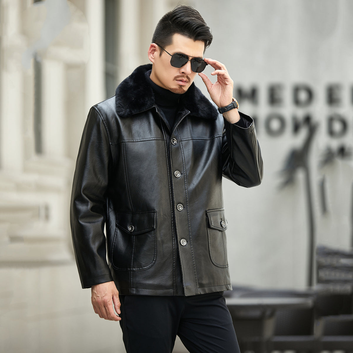 Middle-Aged And Elderly Men's PU Leather Buttoned Large Fur Colla