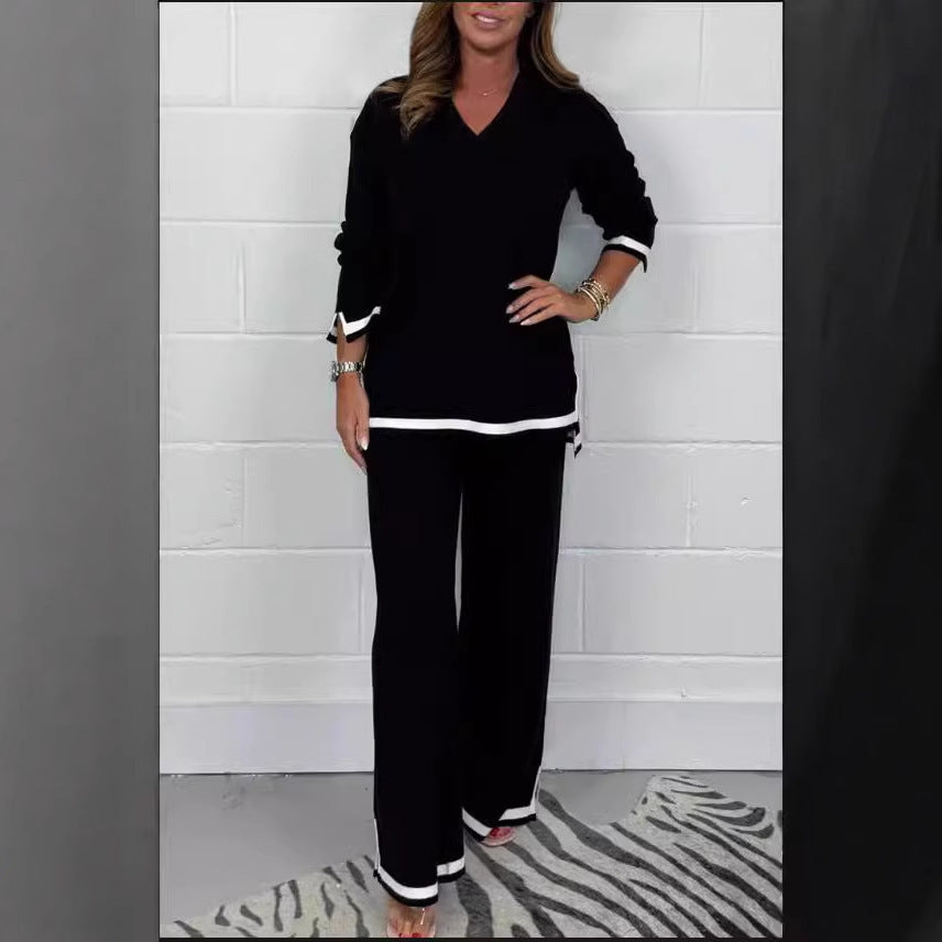 Autumn And Winter Temperament Leisure Solid Color Knitted Long Sleeve Trousers Suit