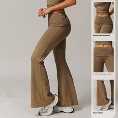 Wool Pleated Yoga Fold High Waist Running Sports Skinny Versatile Bell-bottom Pants Women