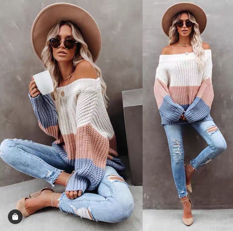 Boat Collar Off-the-shoulder Contrast Color Loose All-matching