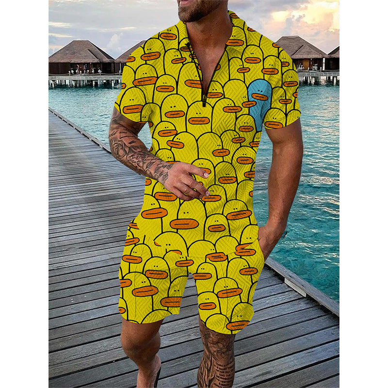 Men's Sportswear Duck Panda 3D Printing Short Sleeve Zipper Two-piece Set