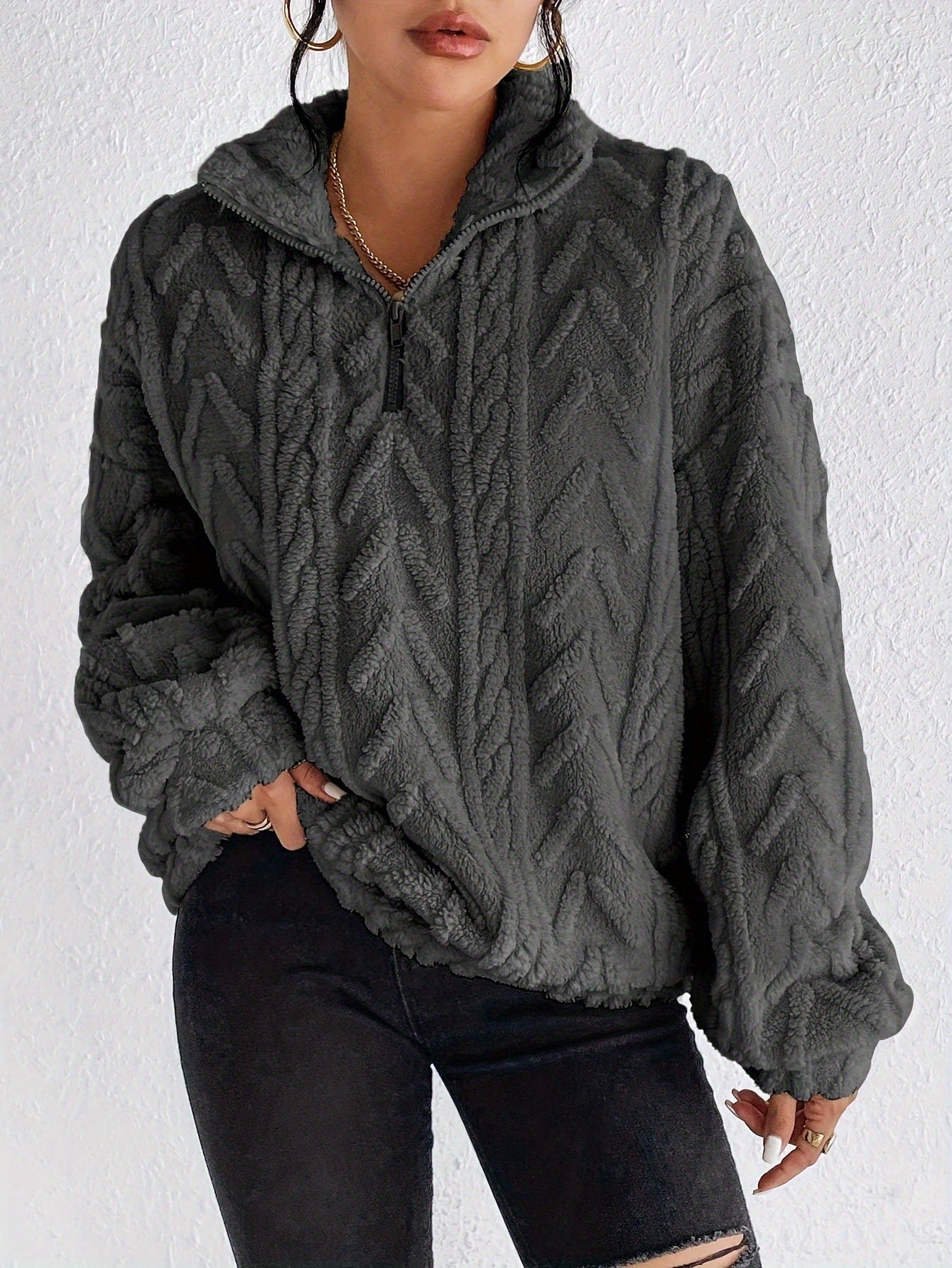 Double-sided Plush Latte Art Casual Zipper Pullover Top