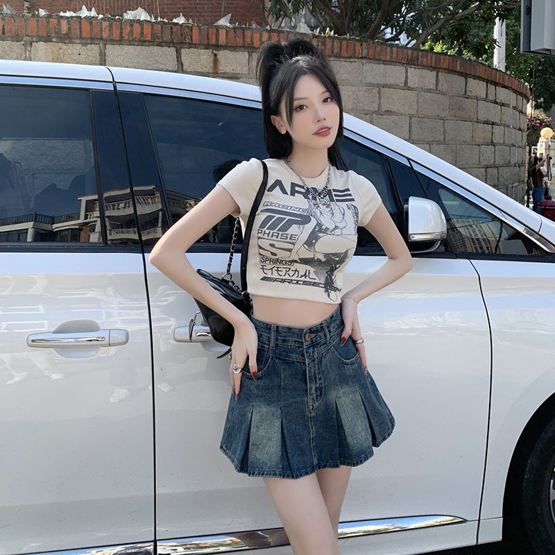 Denim Pleated For Women Summer High Waist Anti-exposure Skirt