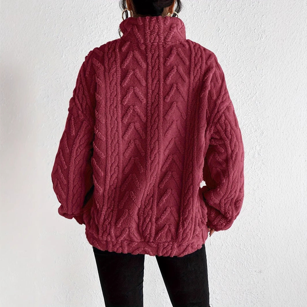 Double-sided Plush Latte Art Casual Zipper Pullover Top