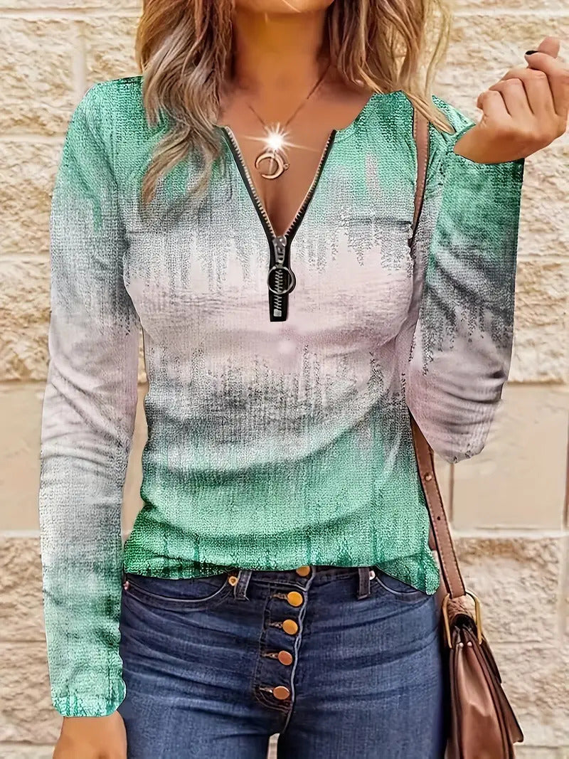 Women's Casual Loose Contrast Striped Half Zipper Top