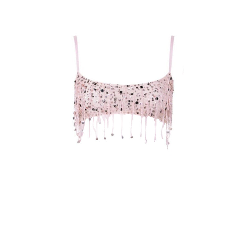 Tassel Sequins Crystal Beads Short Skirt Overall Dress Set
